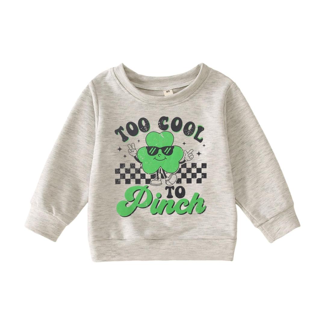 Ritatte Toddler St. Patricks Day Shirts for Boys Funny Too Cool to Pinch Letter Sweatshirt Lucky Shamrock Fall Pullover Tops(Grey,5-6T(120))