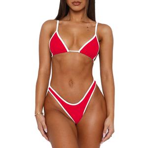 Roevite Triangle String Bikini Set for Women Halter Neck 2 Piece Swimsuit Tie Back Color Block Swimwear Cheeky Bathing Suit(Red,L) (Red, L)