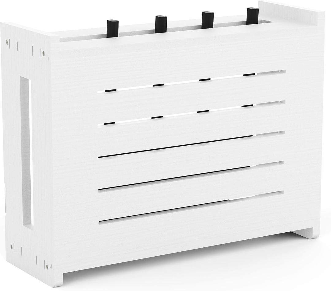 Wooden WiFi Router Storage Box, Wall-Mounted Router Hider with Cable Management System, Countertop Modem Shelf Hider Cover, Home Organization Solution for Most Size Routers, Need Assembly (White)