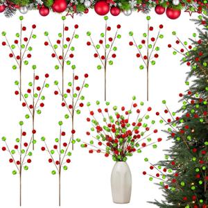 Janinka 8 Pcs Christmas Picks Pom Poms Red Green Christmas Decorations 16 Inches Xmas Tree Topper Lime Green Decor for Tree Vase Fillers DIY Crafts Displays Home New Year