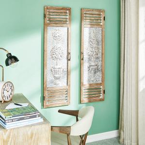 Deco 79 Metal Tree Home Wall Decor Relief Wall Sculpture with Louvered Design, Set of 2 Wall Art 15"W, 52"H, Brown