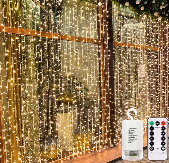 echosari 300 LED Curtain Lights Battery Operated, 9.8ft×9.8ft Hanging Light with Remote Timer Fairy Curtain Lights for Bedroom Patio Wedding Backdrop Party Decór (Warm White)