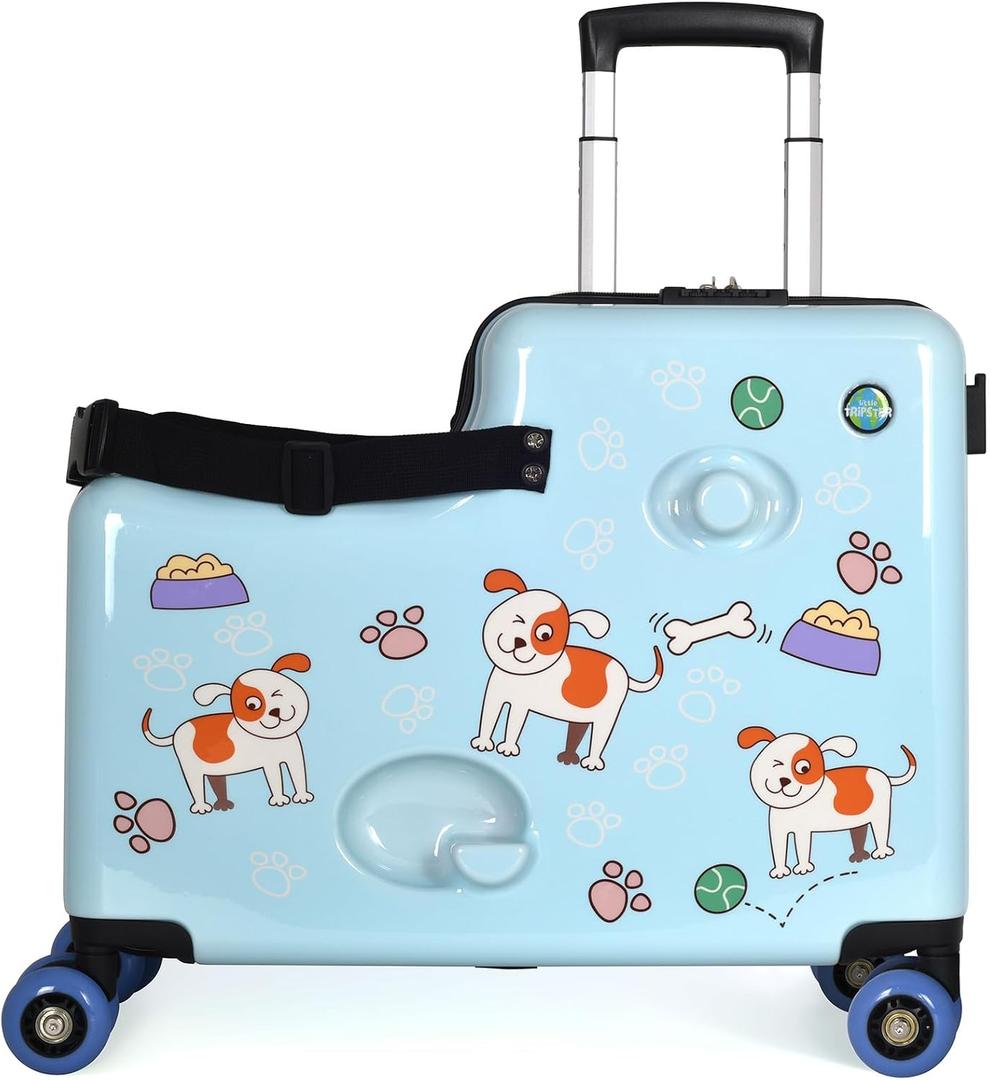 BLUE PUPPY Kids Ride On Suitcase | 21-Inch Toddler Travel Luggage | Carry On Friendly, Rideable, Trolley Case with Seat, Safety Strap and 360 Spinner Wheels, Ages 2-6, Holds up to 80 lb, Medium