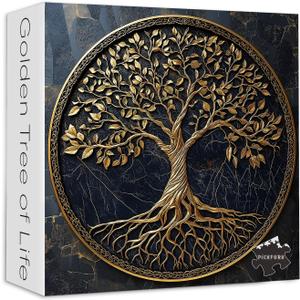 Tree of Life Jigsaw Puzzles 200 Pieces for Adults, PICKFORU Gradient Tree Puzzle Black Gold, Challenging Spring Nature Plant Theme as Wall Decor