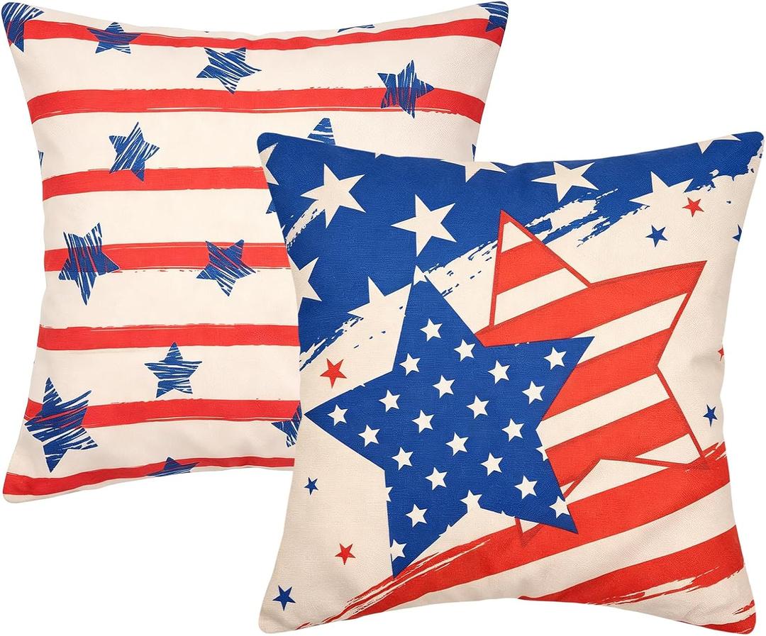 Patriotic Pillow Covers 18x18 Inch Set of 2, 4th of July Red White Blue Throw Pillow Covers for Holiday Decor