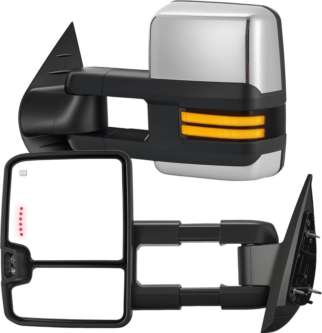 Tow Mirrors Compatible with 2007-2013 Chevy Silverado GMC Sierra, Extended Trailer Towing Side Mirrors with Sequential Switchback Turn Signal, Backup Light, Power Heated Adjustable, Chrome