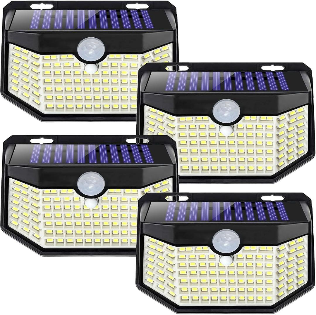 HMCITY Solar Lights Outdoor 120 LED 3 Lighting Modes,Motion Sensor Wall Lights, IP65 Waterproof Solar Powered Wall Lights for Garden Deck Lights (Front Button 4Packs, Black Shell-Daylight White)