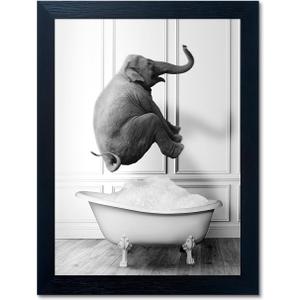 Elephant Jump in Bathtub Wall art, Funny Animal Canvas Print Picture for Bathroom Bedroom, Modern Bathroom Artwork, Black and White Wall Art Decor Black Framed Ready to Hang 16"x20"