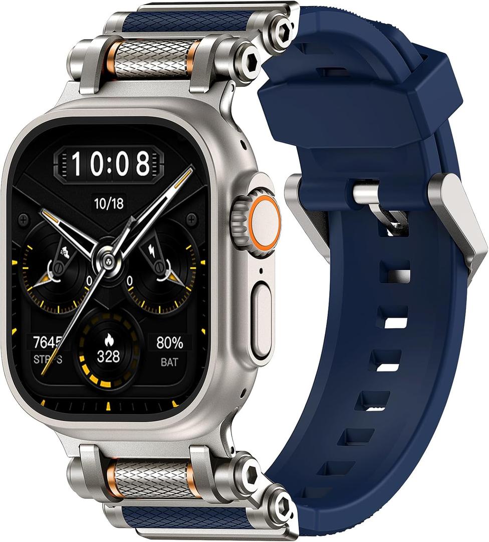 TAURI Silicone for Apple Watch Bands Ultra 3/2/1 49mm [Liquid Silicone Strap + Stainless Steel Metal Connector] Sport Band for Series 11/10/9/8/7/6/5/4/ SE3/2 46/45/44mm Men, Navy Blue