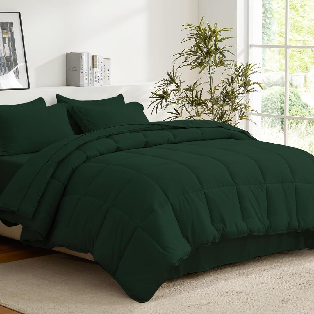 COZYART Full Comforter Set 7 Pcs, Emerald Green Bed in a Bag, All Season Lightweight Soft Reversible Bedding Set, 1 Comforter, 1 Flat Sheet, 1 Fitted Sheet, 2 Pillow Shams, 2 Pillowcases