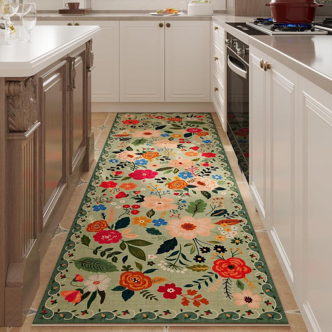 Rugcomf Runner Rug for Hallways Kitchen Rug Non Slip 2'6''x8' Washable Runner Rugs with Rubber Backing Soft Floral Carpet Runner for Hallways, Kitchen, Laundry, Bedroom, Bathroom (Green)