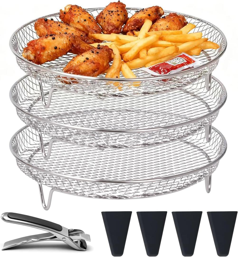 Air Fryer Racks, Cooling Racks for Cooking and Baking 8 inch,Round Stackable Rack with Spare Clip and Silicone Feet, Stainless Steel Kitchen Household, Fit all 4.2QT - 5.8QT Air Fryer