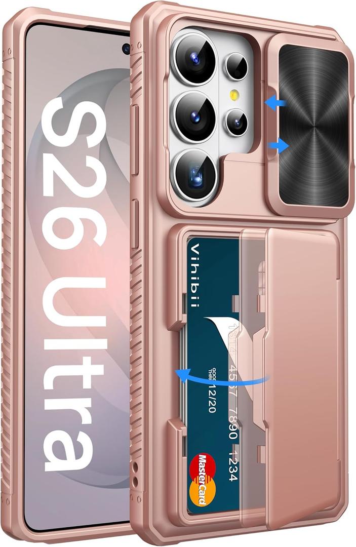 Vihibii for Samsung Galaxy S26 Ultra Case with Card Holder (4 Cards) [RFID Blocking] & Slide Camera Cover, Military Grade Drop Protection, Wallet Case for Samsung Galaxy S26 Ultra 6.9" 2026, Rose Gold