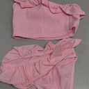 LIZENS Girls Two Piece Swimwear Ruffle Trim Swimsuit 2-12Years Flounce Striped One Shoulder Beach Bathing Suit Adjustable Strap（BDG18201, 10-12T Pink