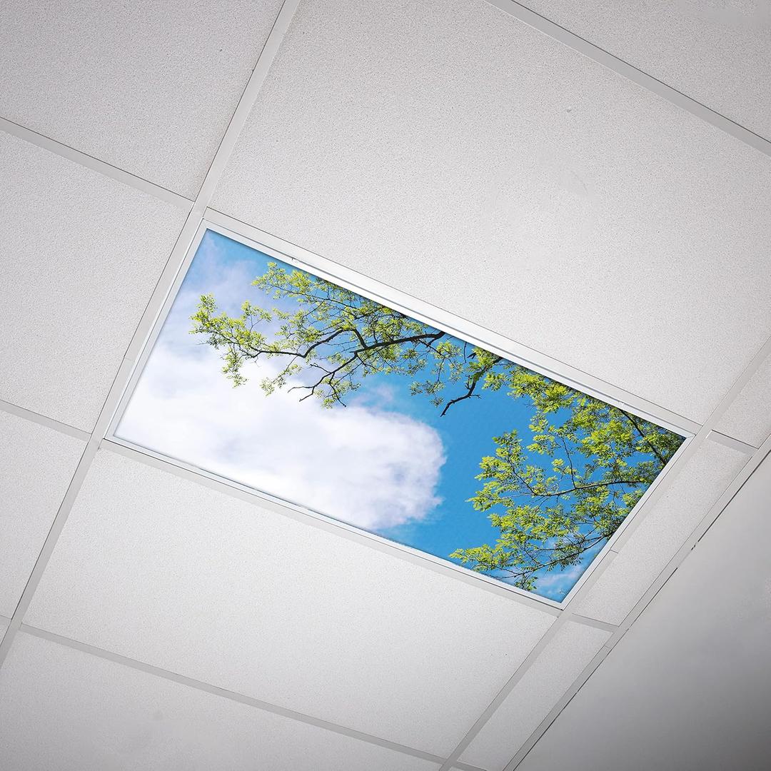 Fluorescent Light Cover for Classroom Ceiling Lights - Premium Backlit Film Insert 2x4 (22.38"x46.5") Florescent Fixture (Pack of 1) School, Office, Sensory, Improve Focus, Eliminate Headaches - Tree (Blue Sky Acacia Tree)