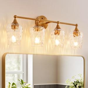 28.46in Modern Bathroom Light Fixtures, 4 Light Vanity Light, Rippled Glass Shade Gold Wall Lamp, Bathroom Wall Sconce Lamp for Mirror Living Room Bedroom Hallway