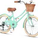 Glerc 20 24 26 Inch Beach Cruiser Bike, 6-Speed Hybrid City Bicycle for Girls Youth and Over 6 Years Old, Missy Bike with Wicker Basket & Lightweight, Multiple Colors (Mint)