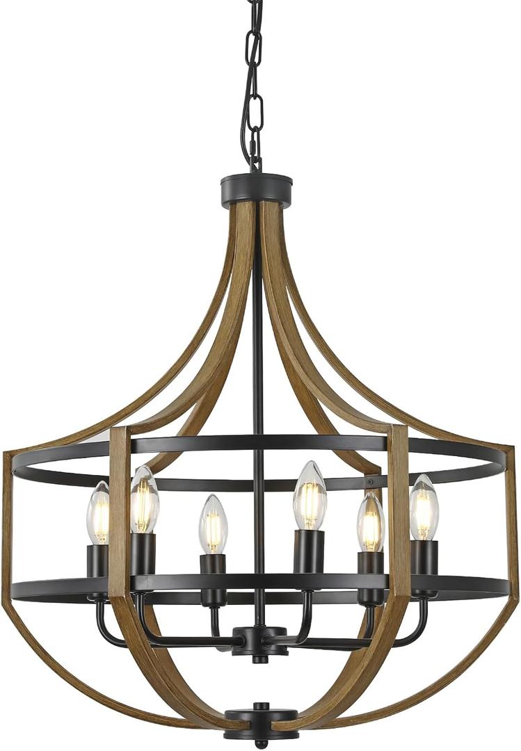 22" Large Farmhouse Chandelier for Dining Room, Retro Wood Texture & Black Finish, 6-Light Adjustable Height Rustic Pendant Light Fixture for Kitchen Island Entryway Foyer Stairwell Office