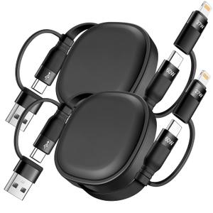 Multi Charging Cable, 2Pack 5 in 1 Retractable Lightning Charger Cable 60W USB C to USB C Fast Charging,Multiple USBC Cord Multi Car Charger for iPhone 17/16/15/14 Pro Max,iPad,Samsung S25 S24,Tablets (Grey)