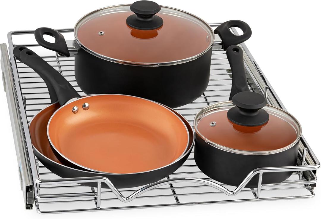 HOLDN STORAGE Pull Out Cabinet Organizer, Heavy Duty Caddy w/Lifetime -14W x 21D - Requires At Least 15-1/4 Cabinet Opening, Steel Metal Cabinet Drawers Slide Out, Chrome