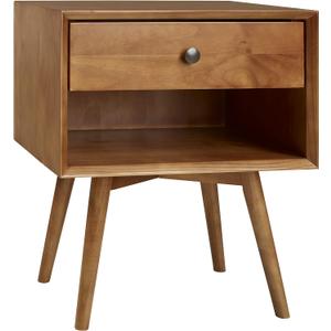 Walker Edison Mid Century Modern Wood Nightstand Side Table Bedroom Storage Drawer and Shelf Bedside End Table, 1 Drawer, Caramel