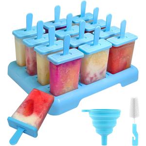 12 Cavities Popsicles Molds, Without BPA Popsicle Molds with Built-in Popsicle Stick, DIY Popsicle Molds with Cleaning Brush and Funnel