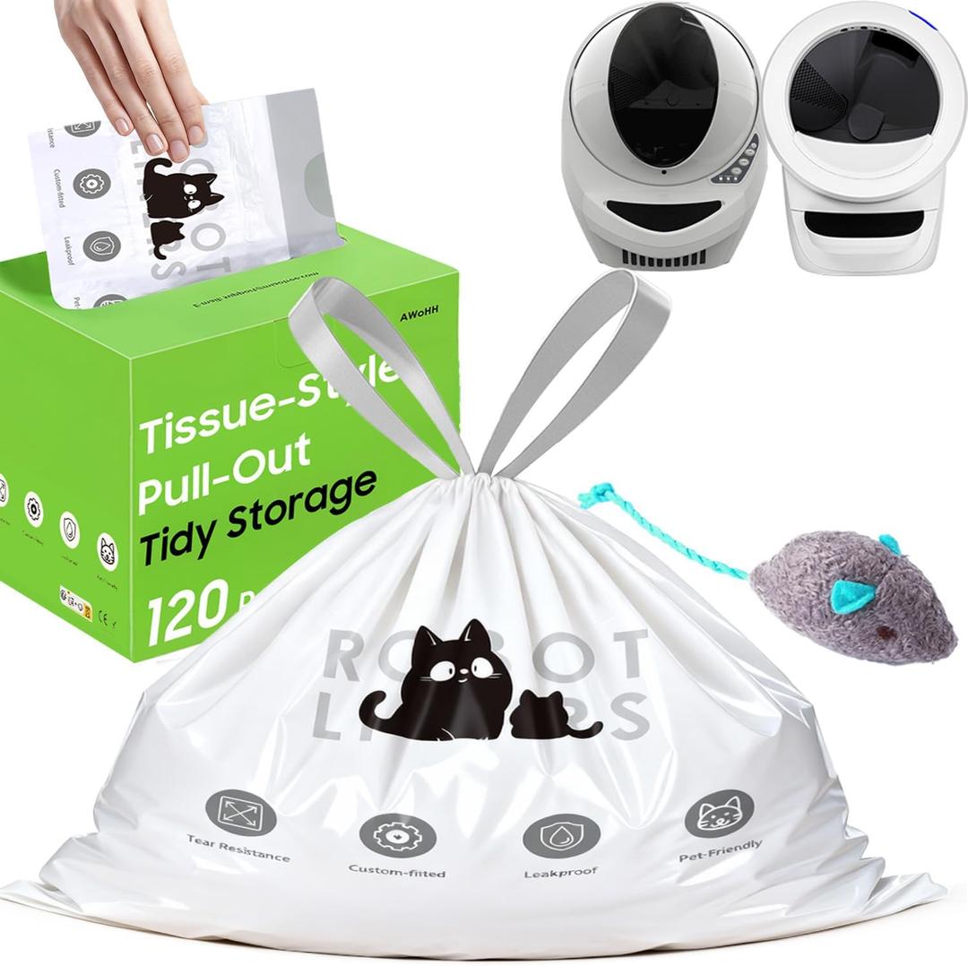 120 Tidy Draw-Pack Automatic Litter Box Bags Cat Litter Box Robot Model 5/4/3 Waste Bags, Tear-free, Sensor-compatible, Thick Heavy Duty Cat Litter Box Liner Bags 25.2 x 15.7 IN