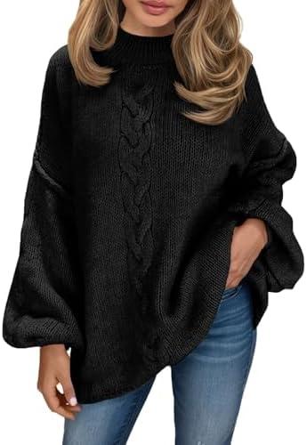 Saodimallsu Womens Oversized Cable Knit Sweater Chunky Mock Neck Long Lantern Sleeve Fall Trendy Tunic Sweaters Top, Size S