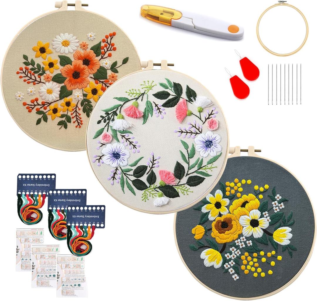 Maydear 3 Sets Embroidery kit for Beginners Adults,Embroidery Kit Punch Needle Kit Cross Stitch Kits with Embroidery Hoop and Instructions,Hand Embroidery Starter Kit (Small Flowers) (gray)