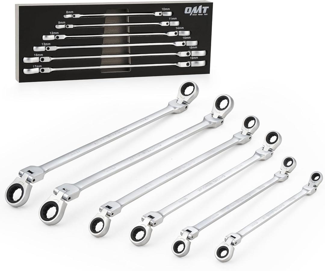 Orion Motor Tech 6-Piece Ratcheting Wrench Set, Metric 8-19 mm Flex Head Ratcheting Wrench Set, Extra Long Ratchet Wrench Set with 72 Tooth Gear & Double Box End