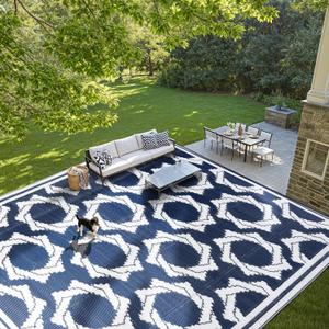LBRO2M Waterproof Outdoor Rugs 10X14 for Patio Outdoor Plastic Straw Rug Reversible Outdoor Camping Rug for RV, Deck, Beach (10X14 Blue White)