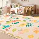 YIHOUSE Floral Print Beige Washable Area Rug 6'x9'- Large Colorful Ultra-Thin Non-Slip Area Rug for Living Room, Bedroom, Nursery Room, Classroom, Playroom,Home Office (Beige, 6x9ft)