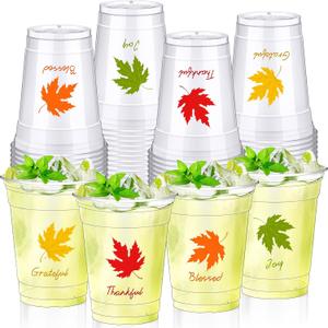 Sliner 48 Pcs 12oz Fall Thanksgiving Disposable Clear Plastic Cups Bulk Maple Leaves Drinking Cup for Friendsgiving Harvest Party Hot Cold Water Juice Tea Beverage Home Office Supplies