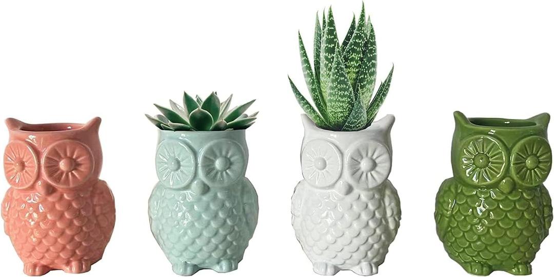 First of a Kind Owl Shaped Ceramic Succulent Planter Pots - Set of 4 - Owls Gifts for Women - Farmhouse Stoneware Vases for Home Decor & Garden Gift
