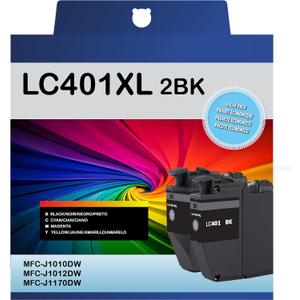 LC401XL Black Ink Cartridges, High Yield Compatible for Brother LC401 BK LC401XL Ink Cartridges, Works with MFC-J1010DW J1012DW J1170DW Printers, LC401 Black Ink for Brother Printer, 2 Pack