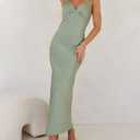 Phicia Summer Satin Spaghetti Strap V Neck Midi Dresses for Women Wedding Guest Elegant Flower Backless Cocktail Formal Dress (Green, XS)
