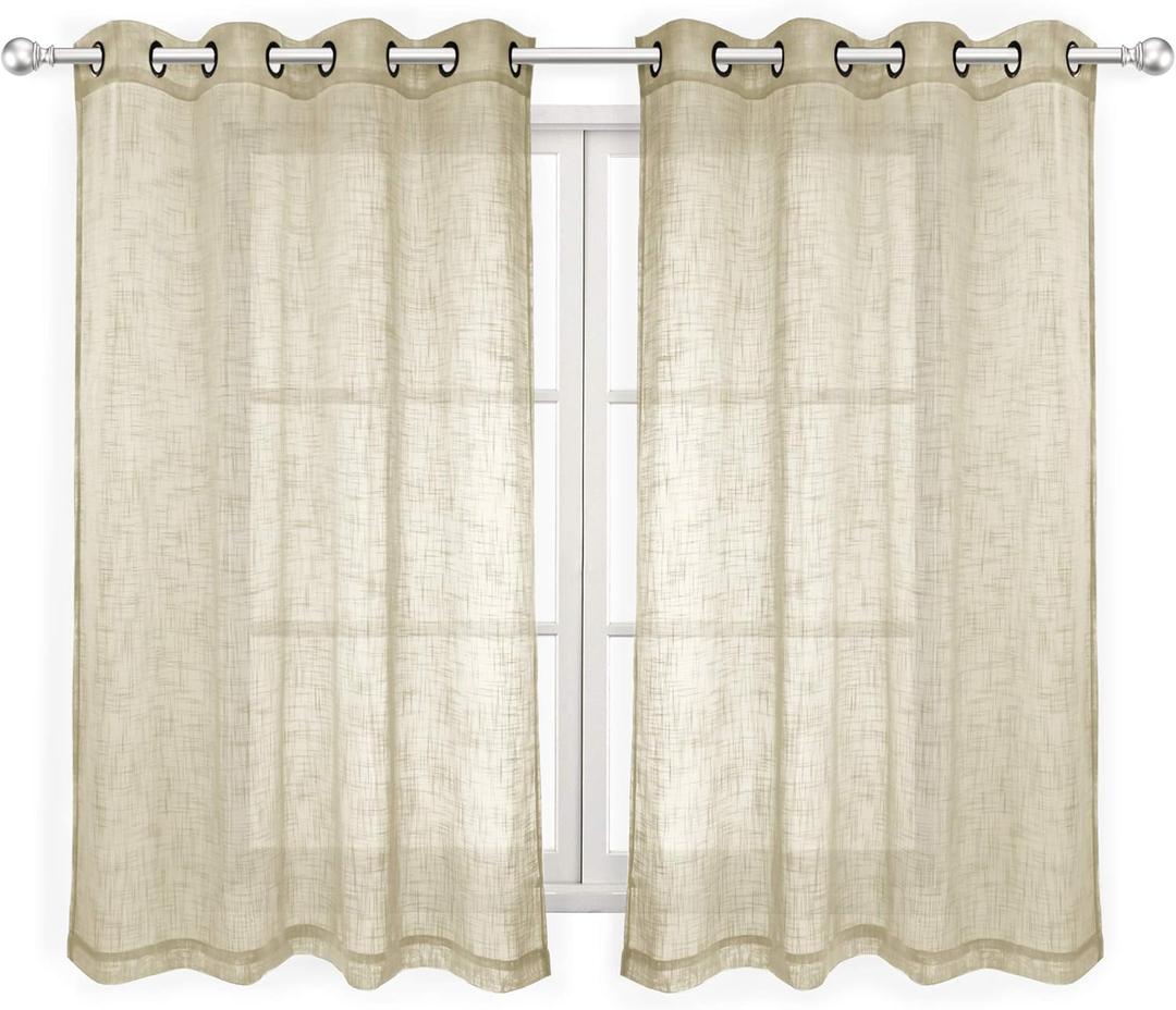VOILYBIRD Palma Linen Semi Sheer Curtains for Bedroom 63 Inch Length Light Filtering Draperies Bronze Grommet Set of 2 Panels (52''W x 63''L, Beige)