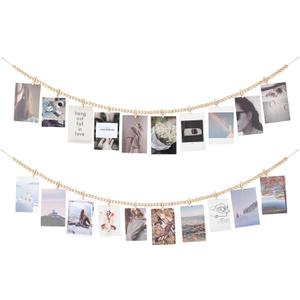 Mkono Hanging Photo Display with Clips, Boho Wooden Bead Garland Banner, Collage Card Picture Kids Art Holder String with 10 Clips for Christmas Bedroom Dorm Decor, Teen Girl Gifts, Brown, 2 Pack