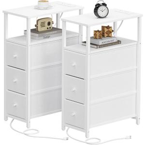 TUTOTAK Narrow Night Stand with Charging Station, Slim End Table with Plugins, Tall Side Table with 3 Fabric Drawer, Small Bedside Table with Storage, Set of 2, Living Room, Bedroom, White TB01BW073