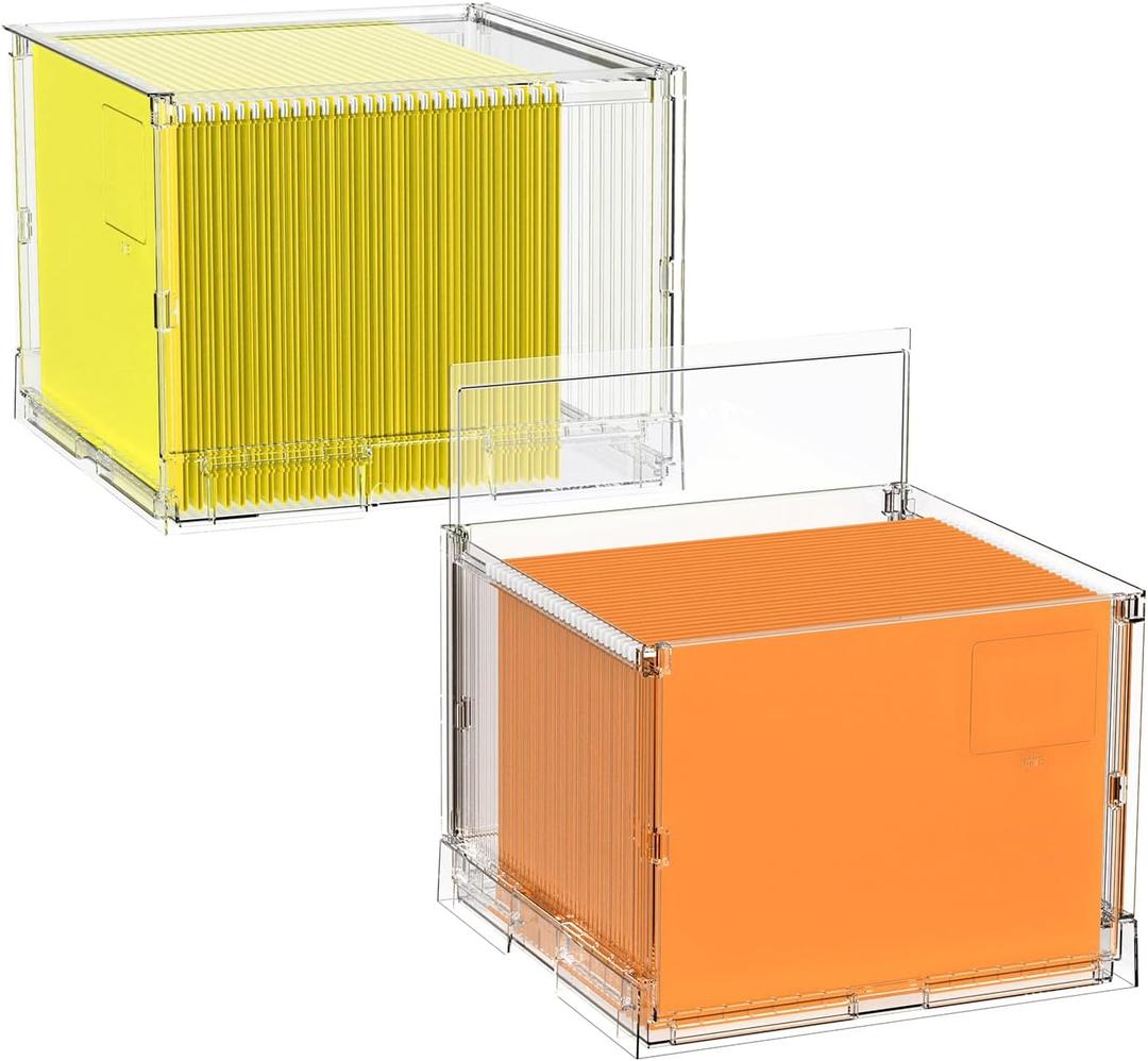 File Organizer Box with Lid,Hanging Filing Folder Organizer for Document Storage with Plastic Slide,Letter-size File Holder Filing Box for Office/Home/Decor/2Pack
