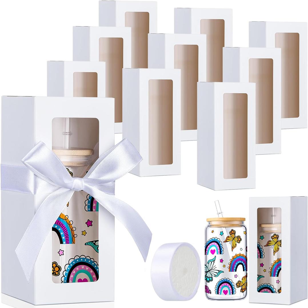 Honoson 24 Pcs Tumbler Gift Box with Ribbon for Sublimation Glass Exhibition Boxes Transparent for 12oz 16oz 20oz Drinking Cup Glasses Jars Mug Can Blanks (White,7.9 x 3.4 x 3.4 Inches)