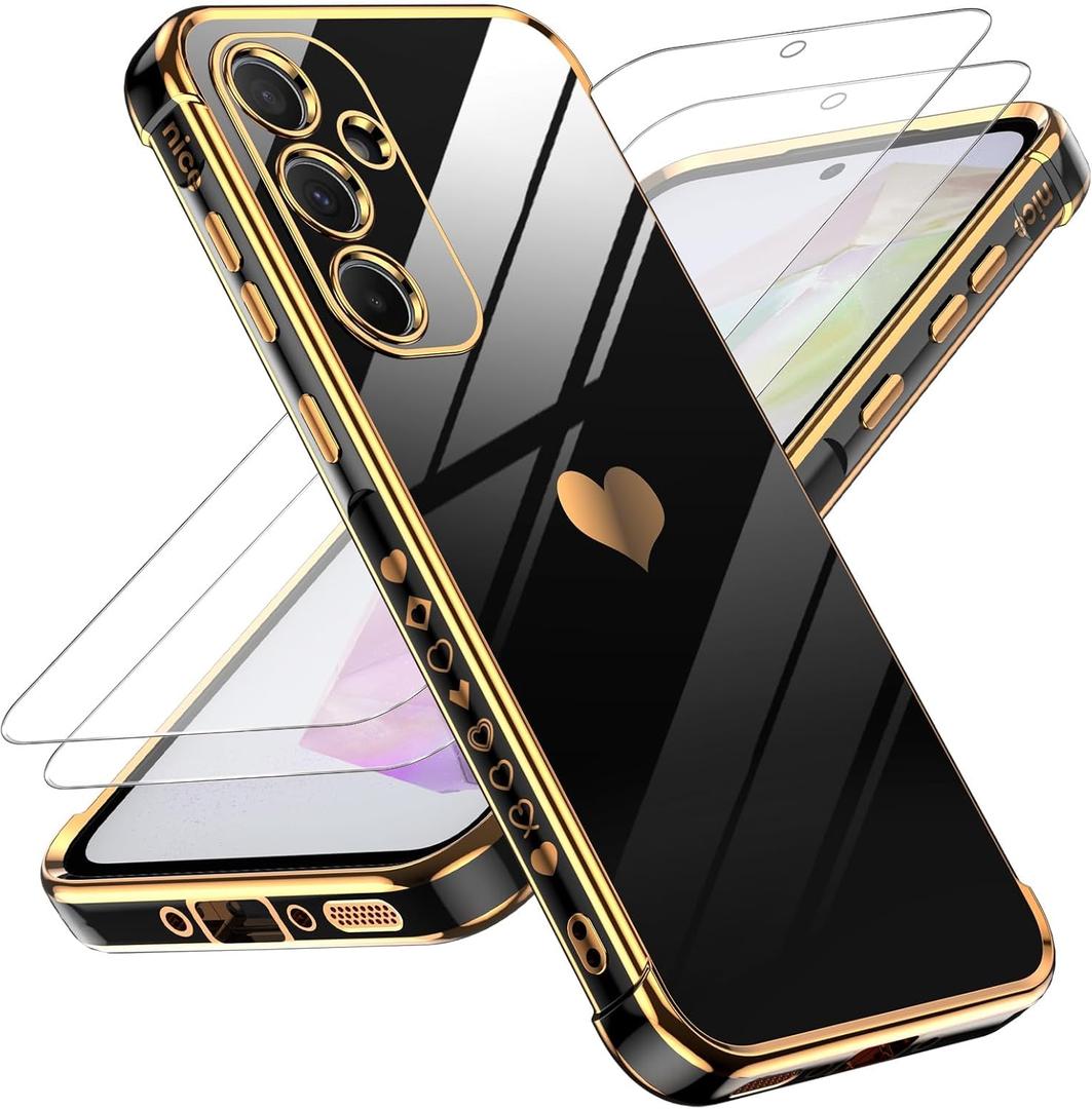 LeYi for Samsung Galaxy A35 5G Case: with Tempered Glass Screen Protector [2 Pcs]+ Full Camera Lens Protection, Love Heart Plating Women Cute Luxury Soft TPU Shockproof Case for Samsung A35 5G, Black
