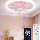 Vookea 2 in 1 Wifi RGB-LED 20 Ceiling Fans with Lights and Remote, 3000-6500K Dimmable Flush Mount Smart Low Profile Ceiling Fan with Lights, Bluetooth Bladeless Fans with APP, for Bedroom, Pink