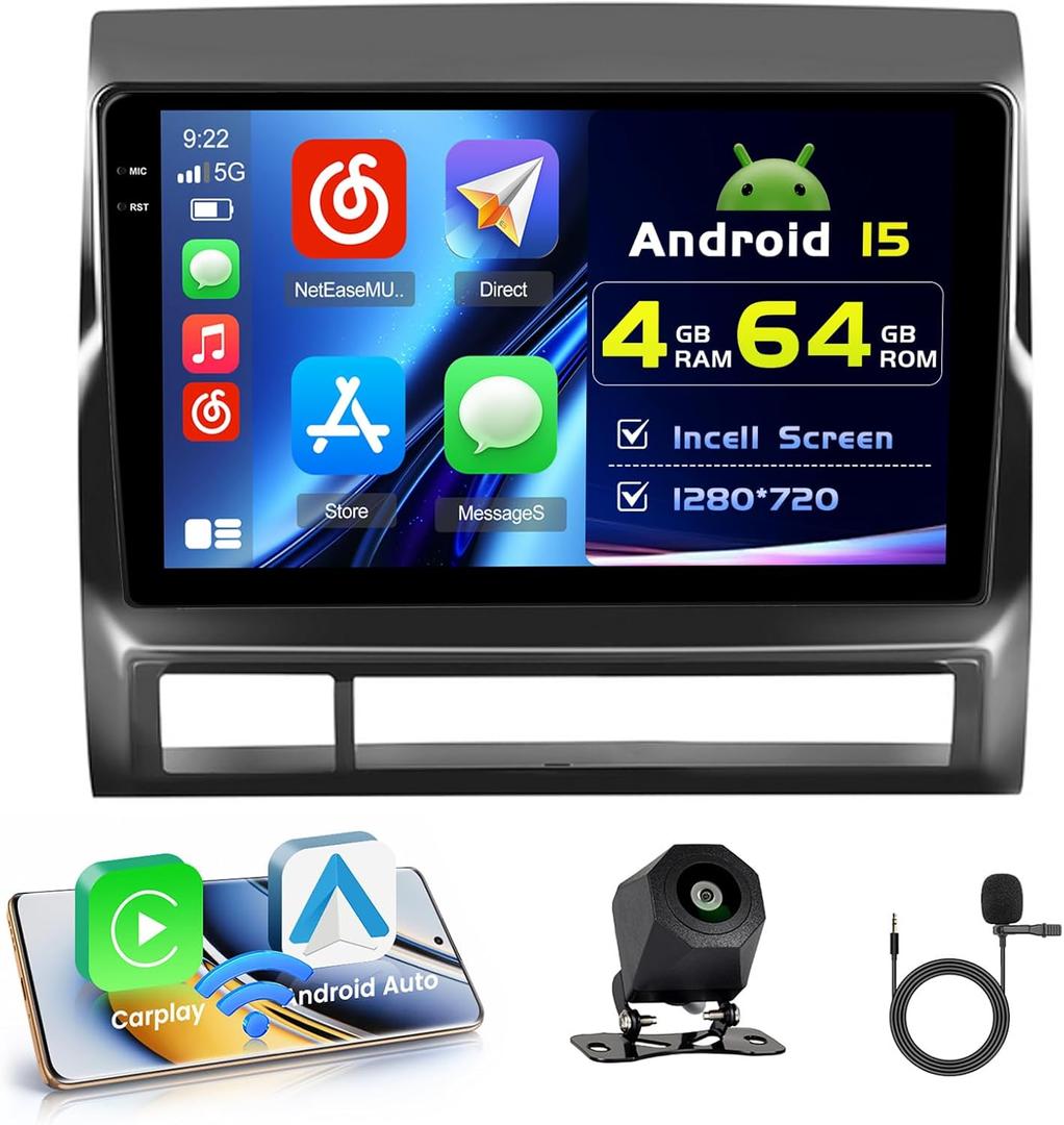 4G+64G Car Radio for Toyota Tacoma 2005-2015, 9'' Incell Full Touchscreen Stereo Android 15 Wireless CarPlay Android Auto Bluetooth 5G WiFi EQ FM RDS GPS WiFi SWC AHD Backup Camera
