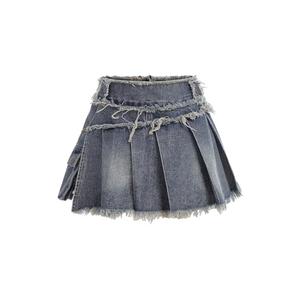 BEAUDRM Girl's Pleated Jean Skirt Y2K Raw Hem Mini Skort A Line Denim Skirt with Pocket Blue 8Y