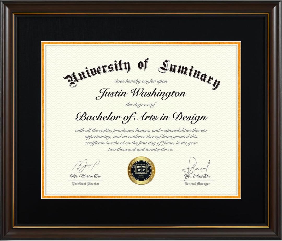 Luminary 15x18 Wood Diploma Frame with 11x14 Opening Black Mat for College Degree Certificate Document, Walnut Color Wooden Frame with Tempered Glass Panel for Wall Mount Display