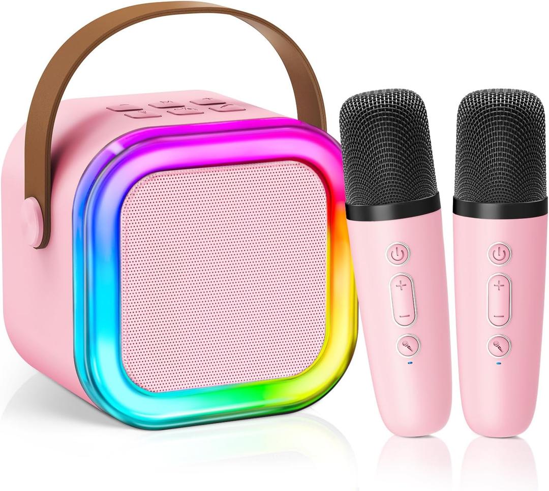 Mini Karaoke Machine for Kids Girls Boys - Birthday Gifts for Ages 4 5 6 7 8+ Year Old - 2025 New est - Portable Bluetooth Speaker with 2 Wireless Microphone - Kids' Instrument Accessories - Pink