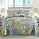 NEWLAKE Quilt Set King Size, 100% Cotton Patchwork Green Bohemian Quilt Sets, Reversible Bedspread Lightweight and Breathable for All Seasons, Soft Quilted Bedspread with 2 Pillow Shams