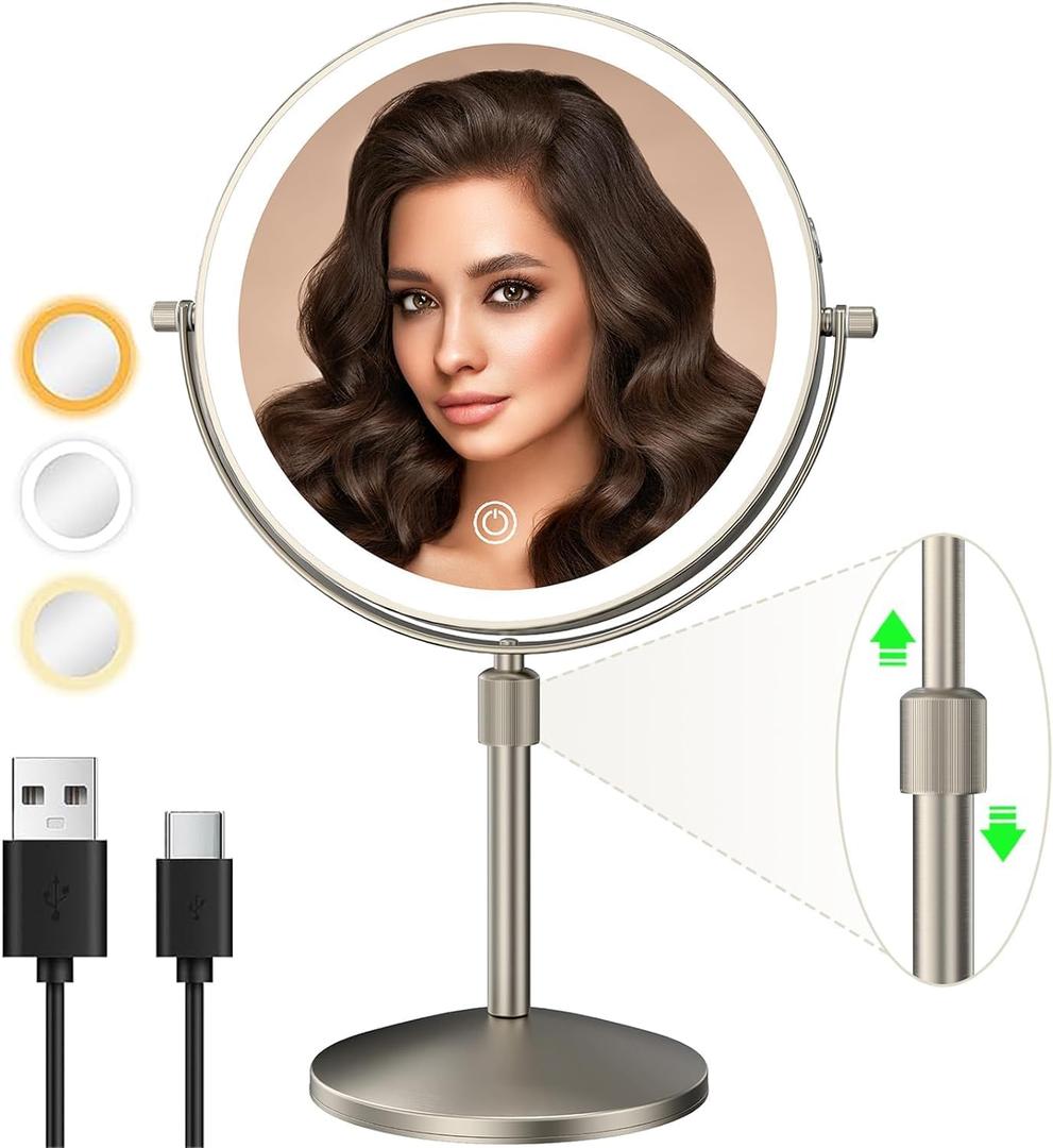 8" Lighted Makeup Mirror, 1X/10X Magnification with Light, Double Sided Dimmable, Rechargeable & Brightness & Height Adjustable, Cordless Vanity (Brushed Nickel)
