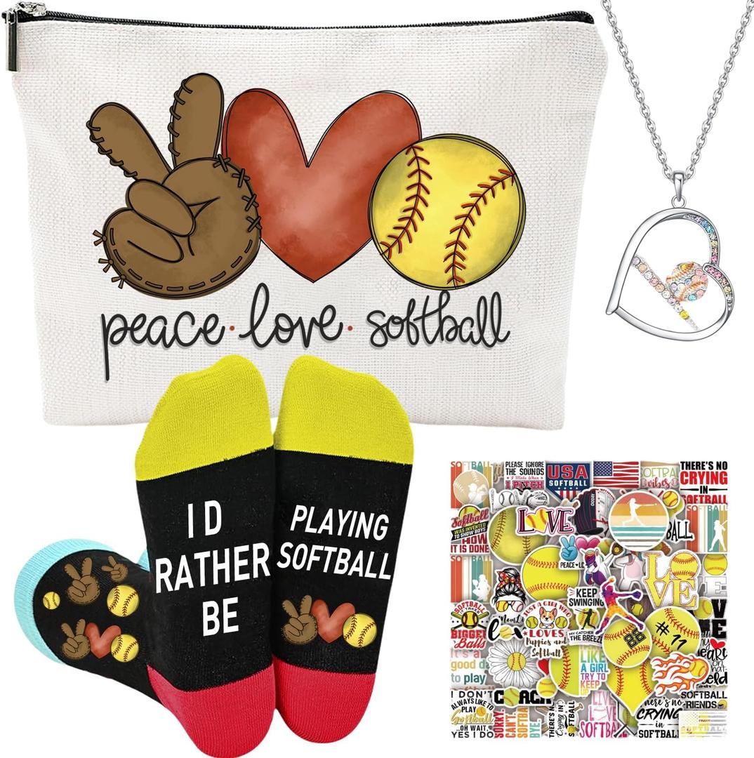 Softball accessories for girls Set Softball Gifts Socks Softball Bracelets Softball Necklace Softball Makeup Bag Softball 50 Pcs Stickers-Softball Lovers Gifts
